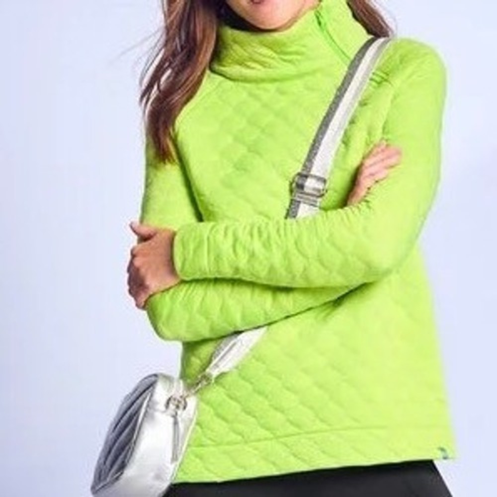 Talbots Petite Womens Metallic Asymmetric Zip Quilted Pullover Green Small NWT